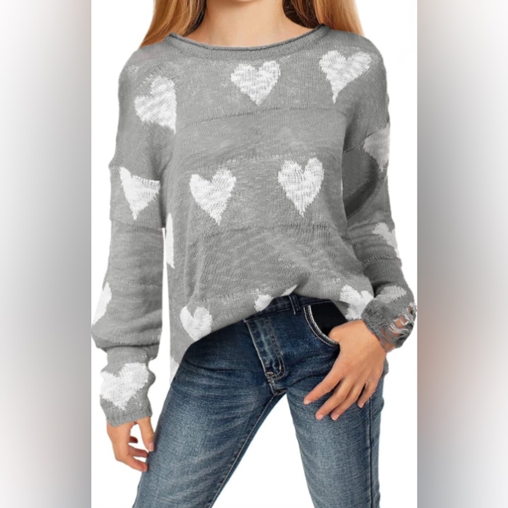 Tutorutor Girl’s Heart 💜Love Ripped Design, Crew Neck Lightweight Sweater 10/12
